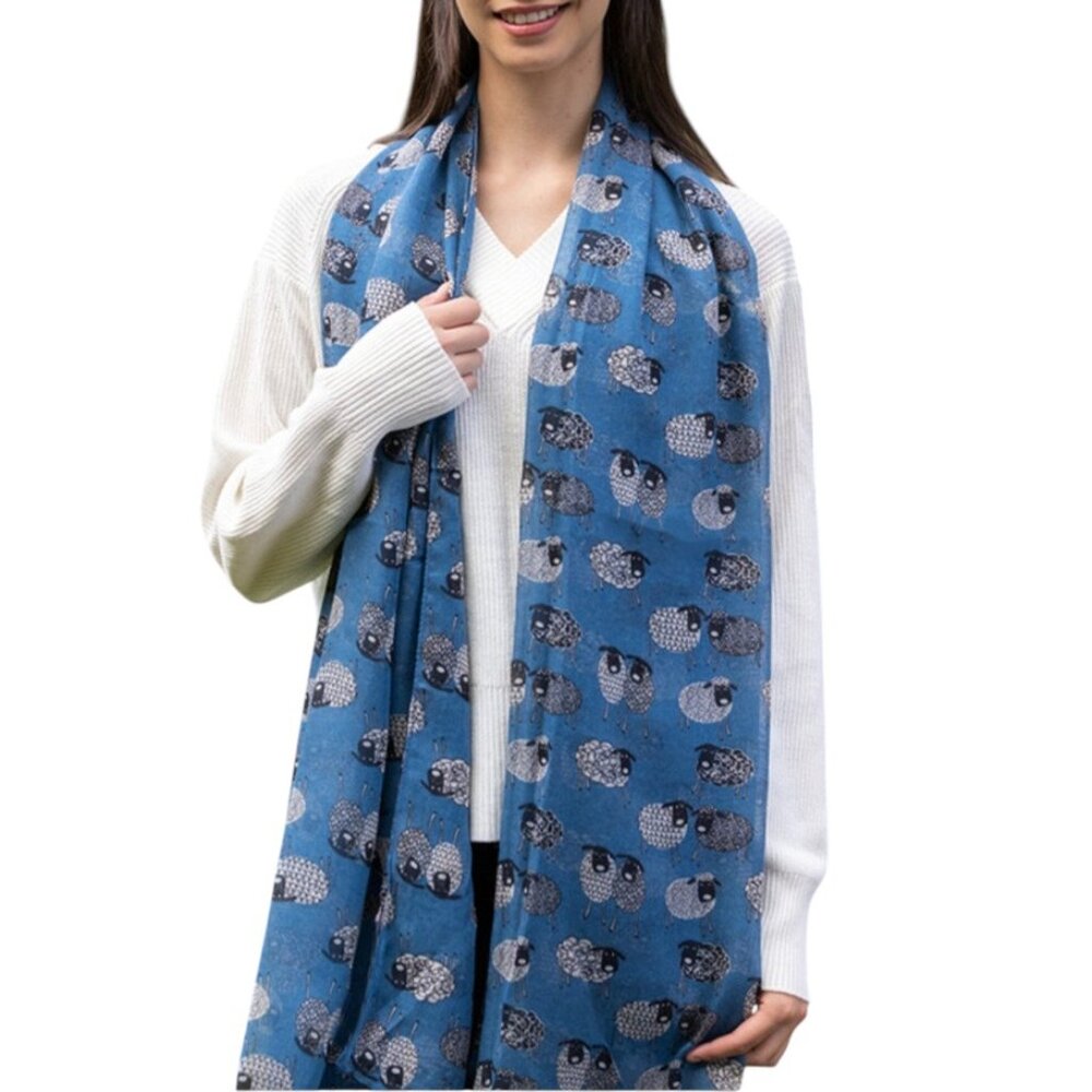 Sketched Sheep Motif Scarf Blue | Erin Knitwear